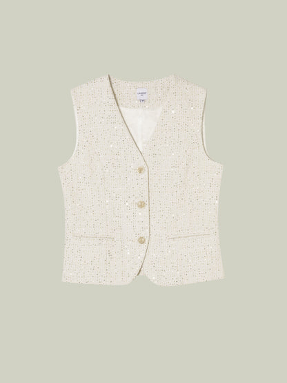 Gilet Avorio con Paillettes Dorate