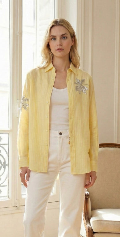 Camicia a righe in lino con paillettes ricamate