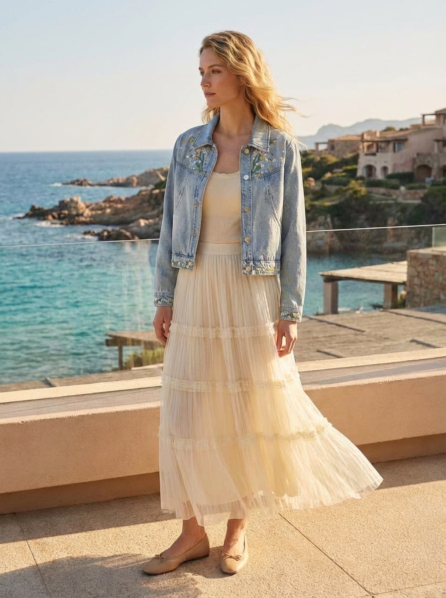 Giacca in denim con ricamo floreale delicato LAVEZZO
