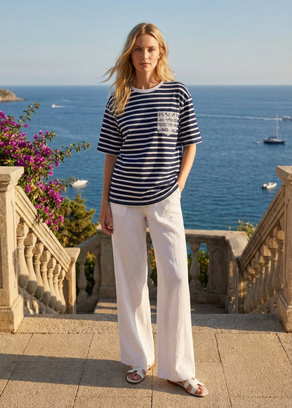 T-shirt a righe con tasca in pizzo