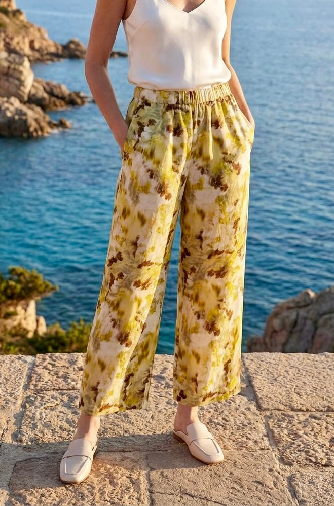 LAVEZZO Pantalone in Seta Pesante con Motivo Verde Astratto