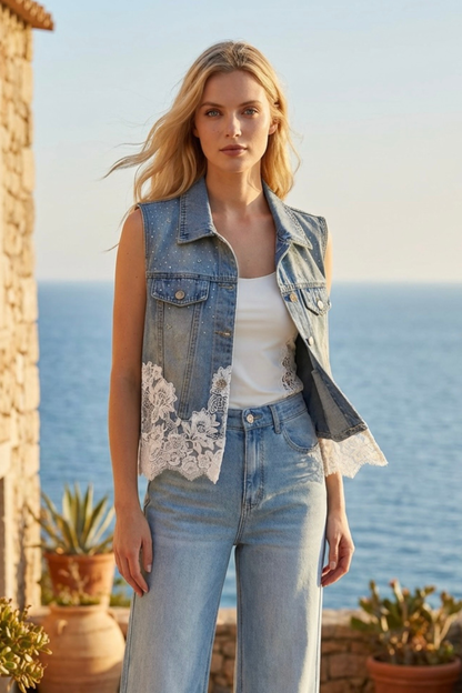 Gilet in denim con pizzo e strass
