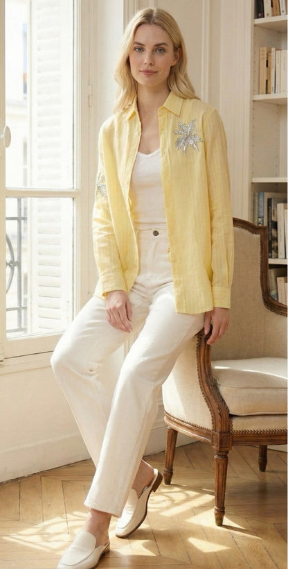 Camicia a righe in lino con paillettes ricamate