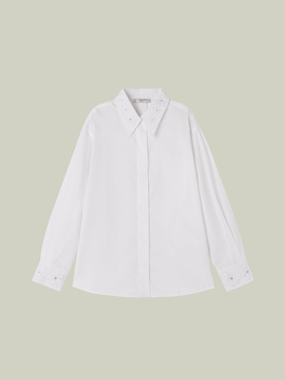  Cotton white shirt with floral embroidery