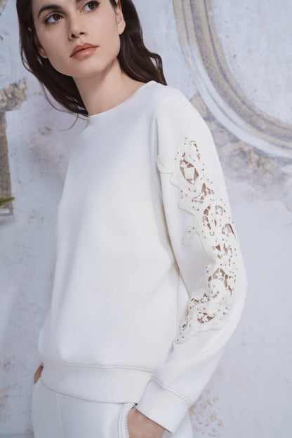 Artisanal lace cuff sweatshirt and straight-leg pants set
