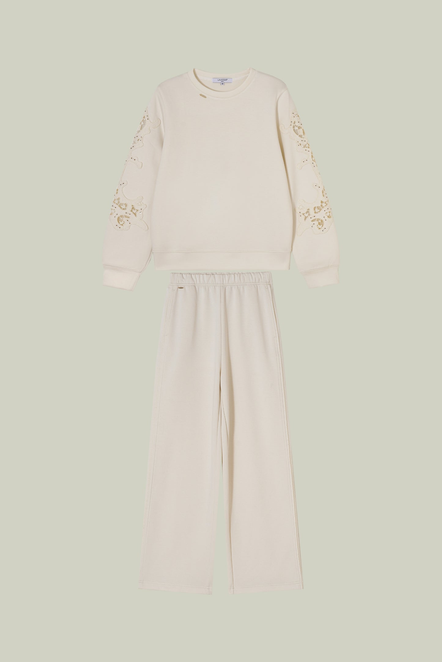 Artisanal lace cuff sweatshirt and straight-leg pants set