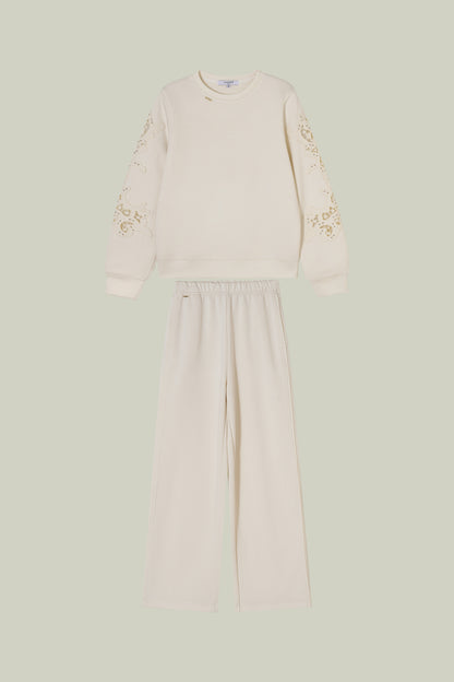 Artisanal lace cuff sweatshirt and straight-leg pants set