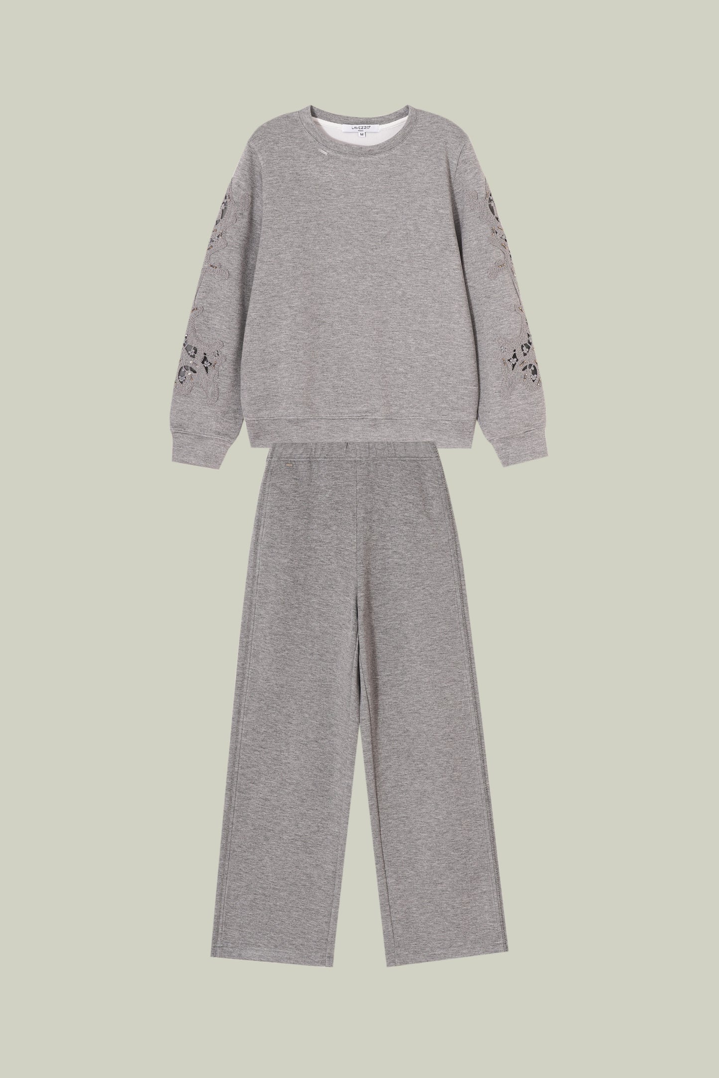 Artisanal lace cuff sweatshirt and straight-leg pants set