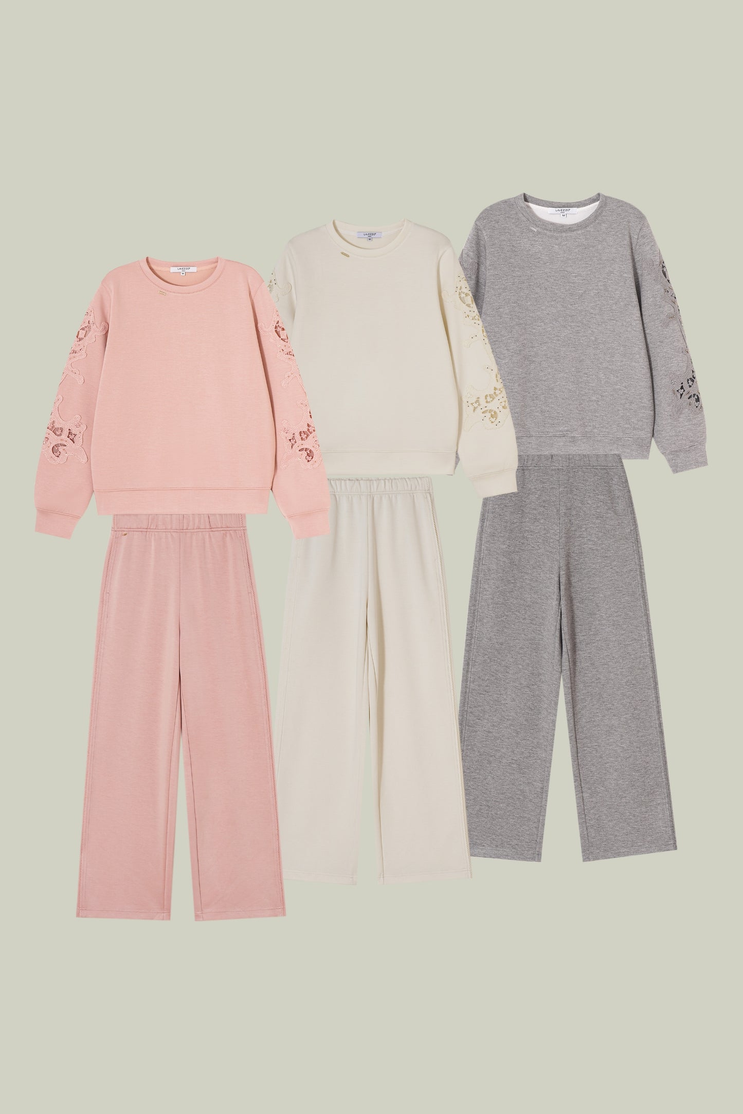 Artisanal lace cuff sweatshirt and straight-leg pants set