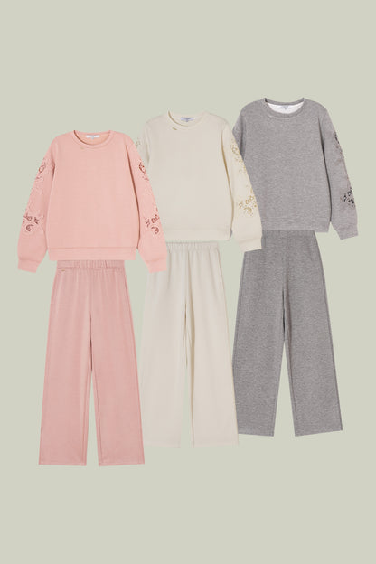 Artisanal lace cuff sweatshirt and straight-leg pants set