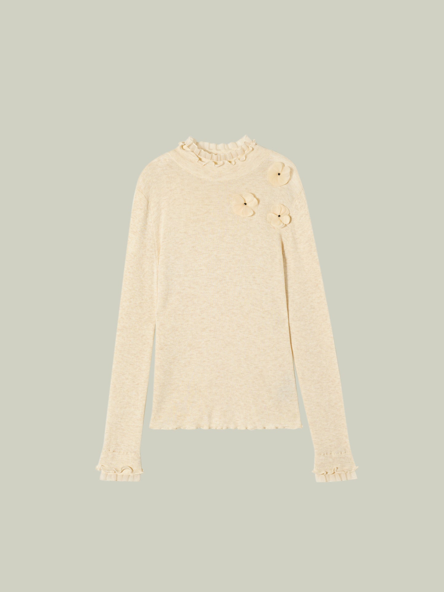 Ruffled-trim floral wool base layer