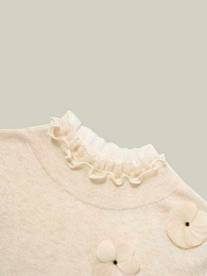 Ruffled-trim floral wool base layer
