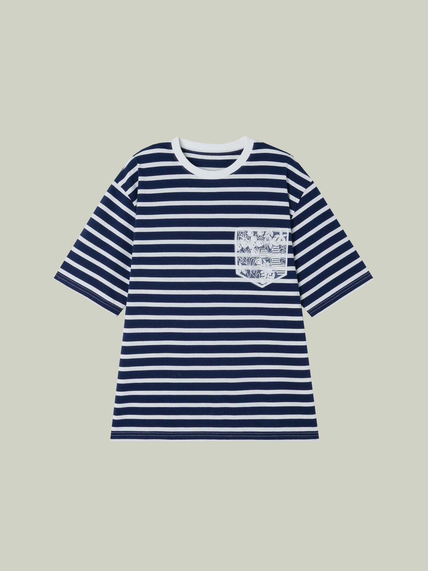 T-shirt a righe con tasca in pizzo