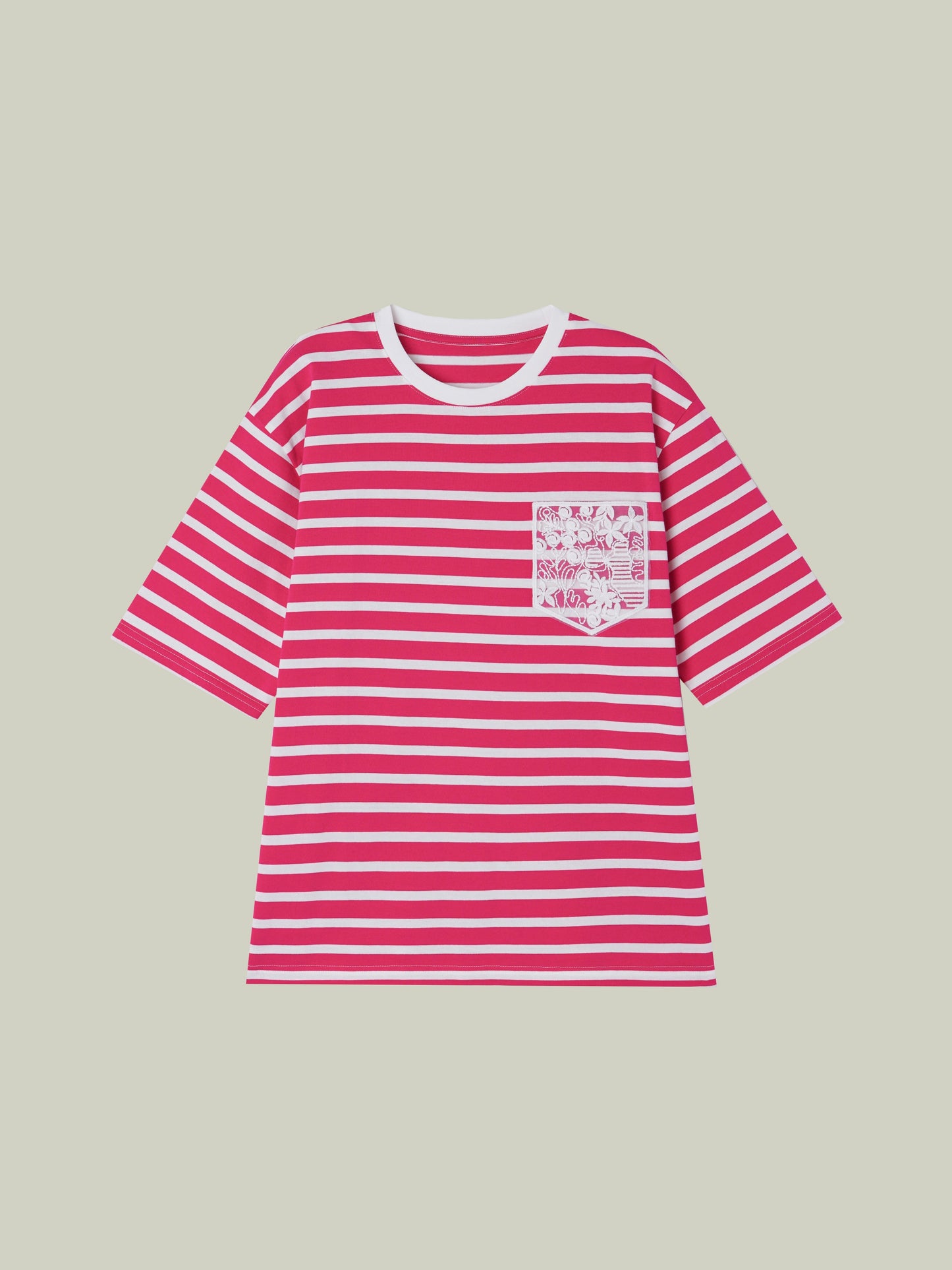 T-shirt a righe con tasca in pizzo
