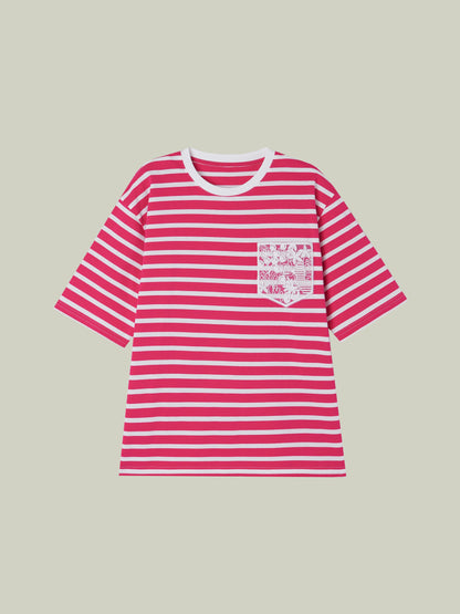 T-shirt a righe con tasca in pizzo