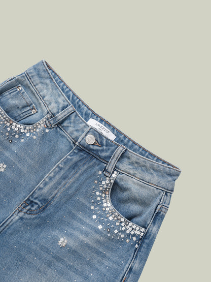 Jeans a gamba dritta con paillettes e cristalli