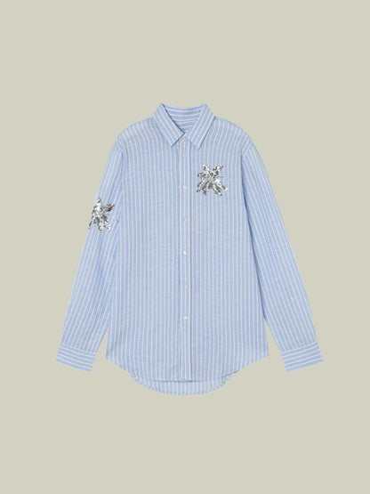 Camicia a righe in lino con paillettes ricamate