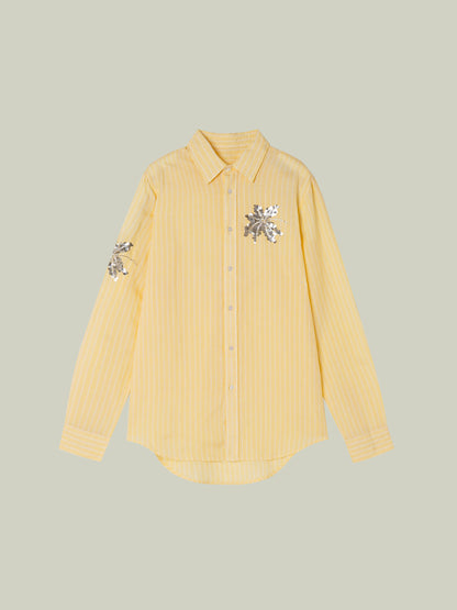 Camicia a righe in lino con paillettes ricamate