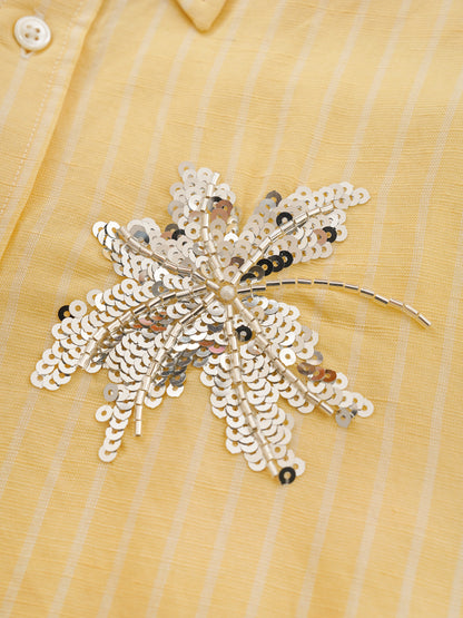 Camicia a righe in lino con paillettes ricamate