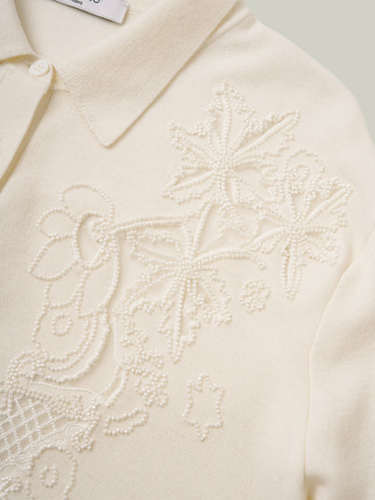 100% wool beaded lace cutwork shirt sweater