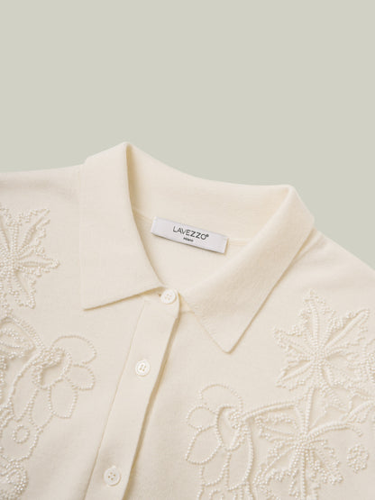 100% wool beaded lace cutwork shirt sweater