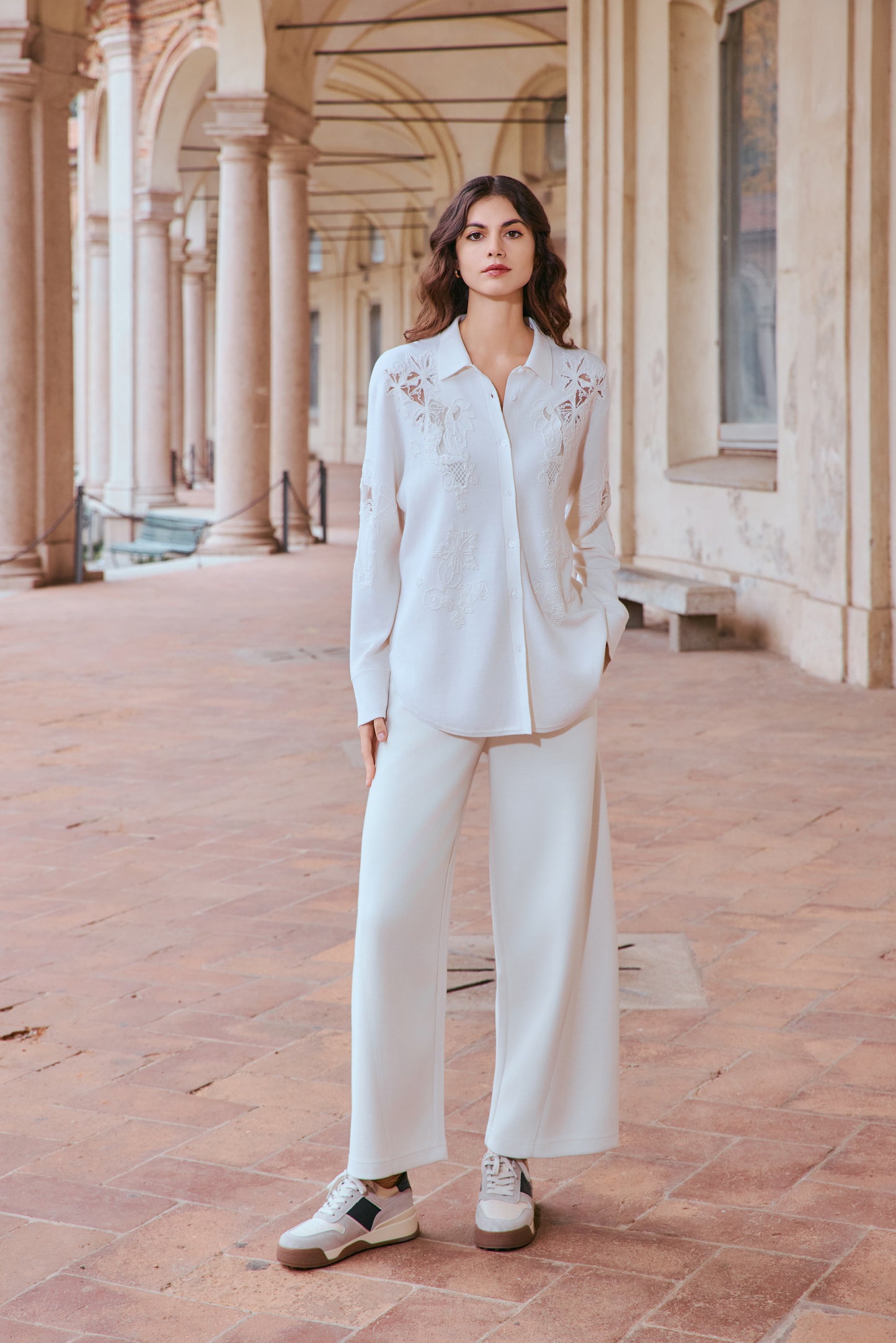 100% wool beaded lace cutwork shirt sweater