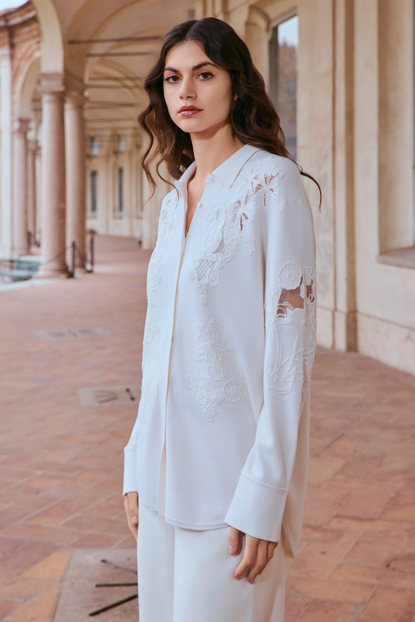 100% wool beaded lace cutwork shirt sweater
