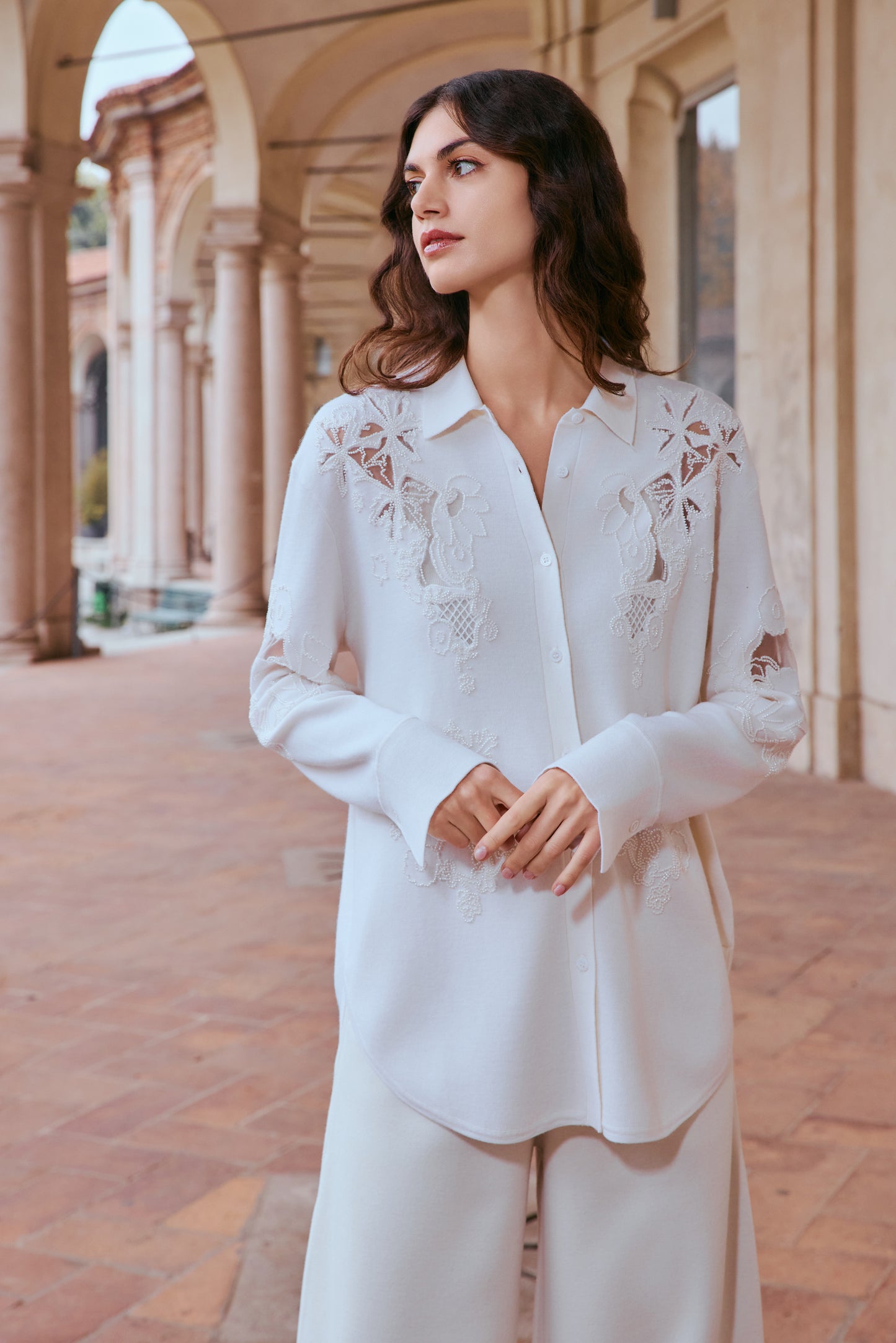 100% wool beaded lace cutwork shirt sweater