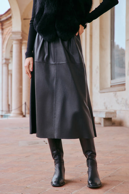 Gonna pelle di pecora a vita alta stile Hepburn