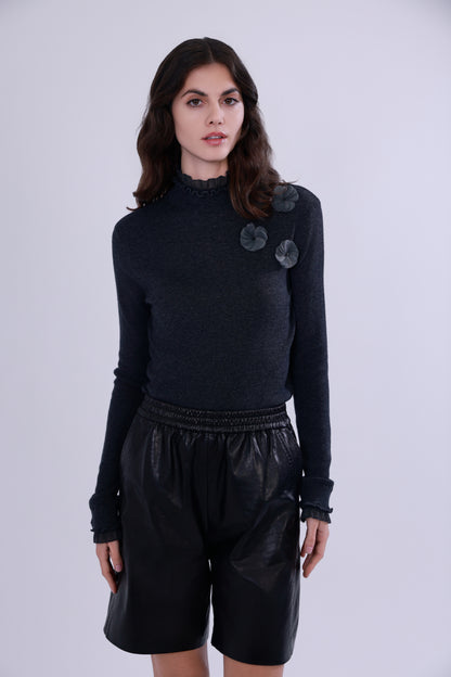 Ruffled-trim floral wool base layer