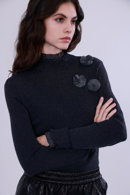 Ruffled-trim floral wool base layer