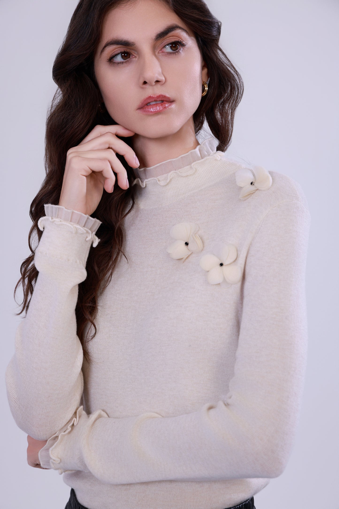 Ruffled-trim floral wool base layer