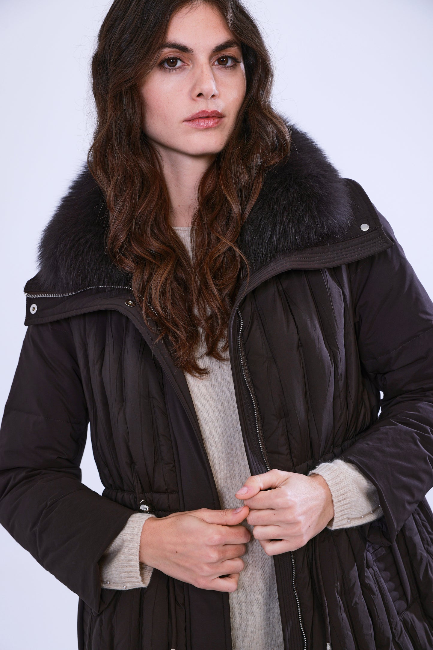  Long down coat with fox fur collar