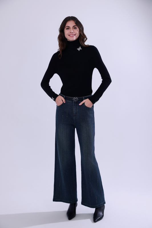 Jeans dritti a righe con strass
