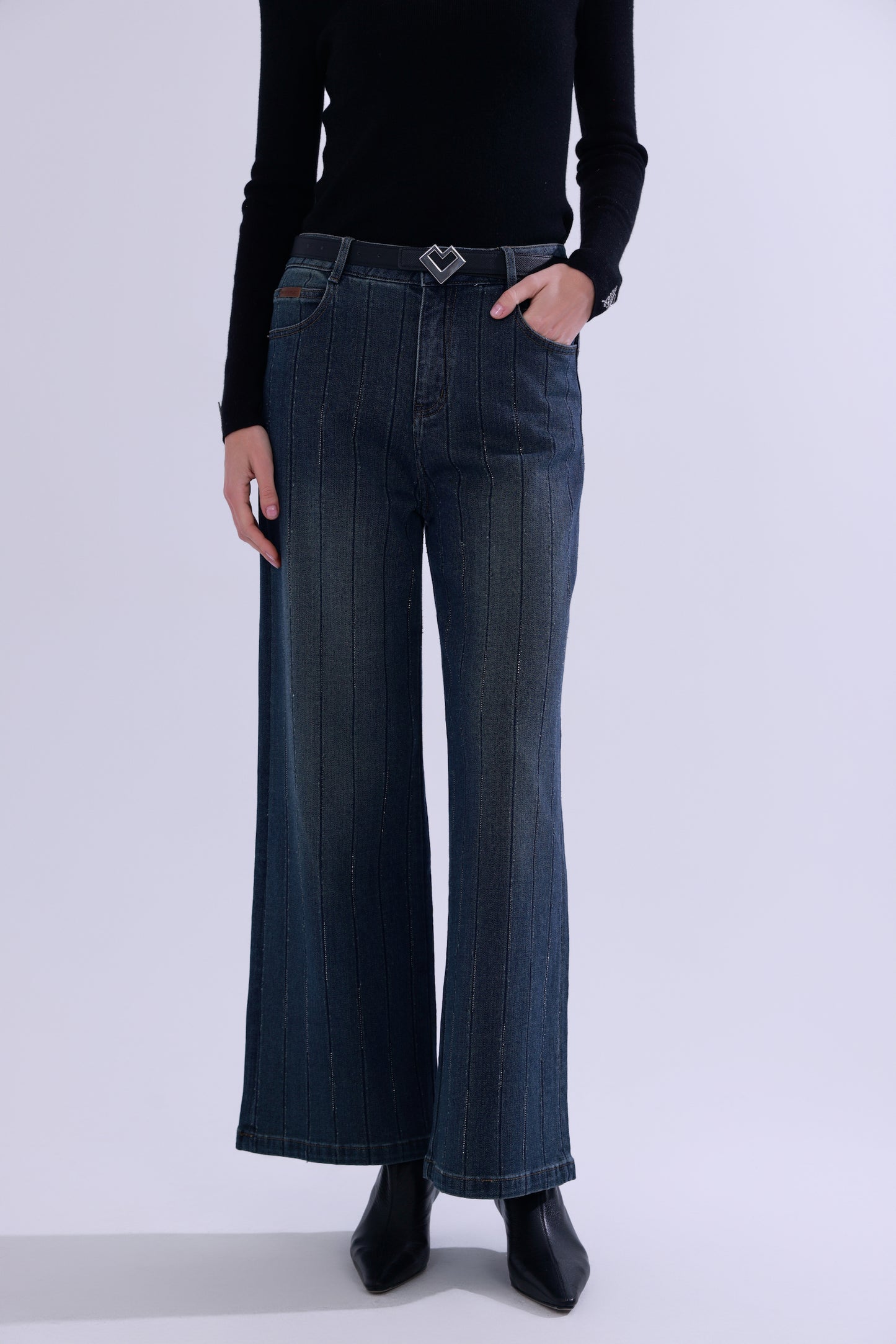 Jeans dritti a righe con strass