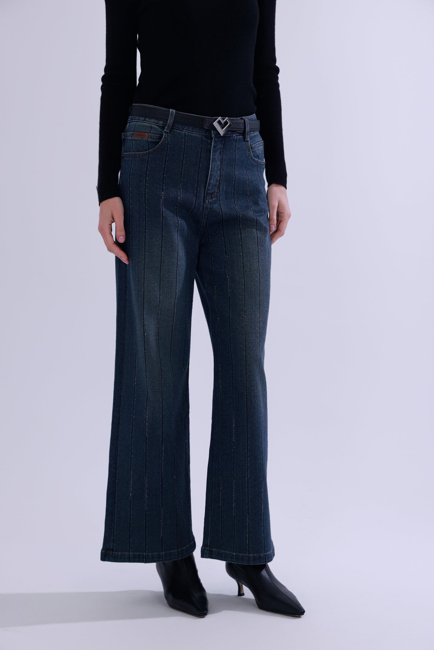 Jeans dritti a righe con strass