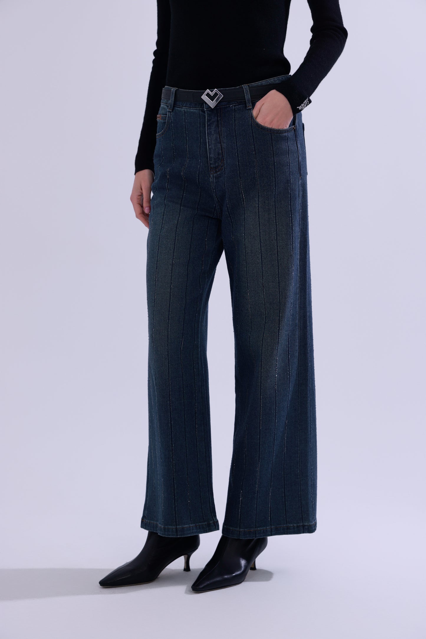 Jeans dritti a righe con strass