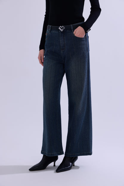 Jeans dritti a righe con strass