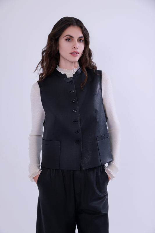 Gilet in pelle di pecora con collo alla coreana