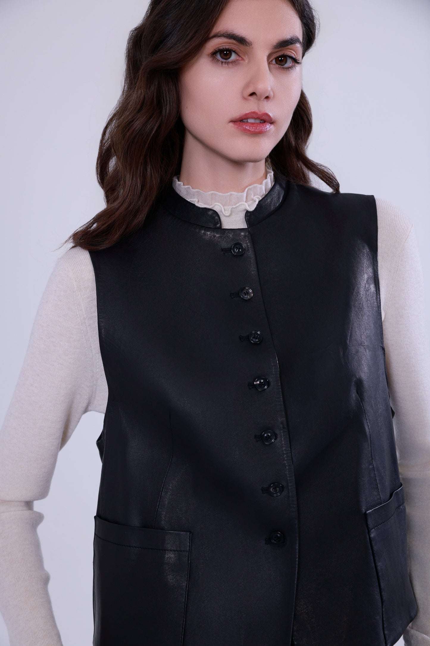 Sheepskin mandarin-collar vest