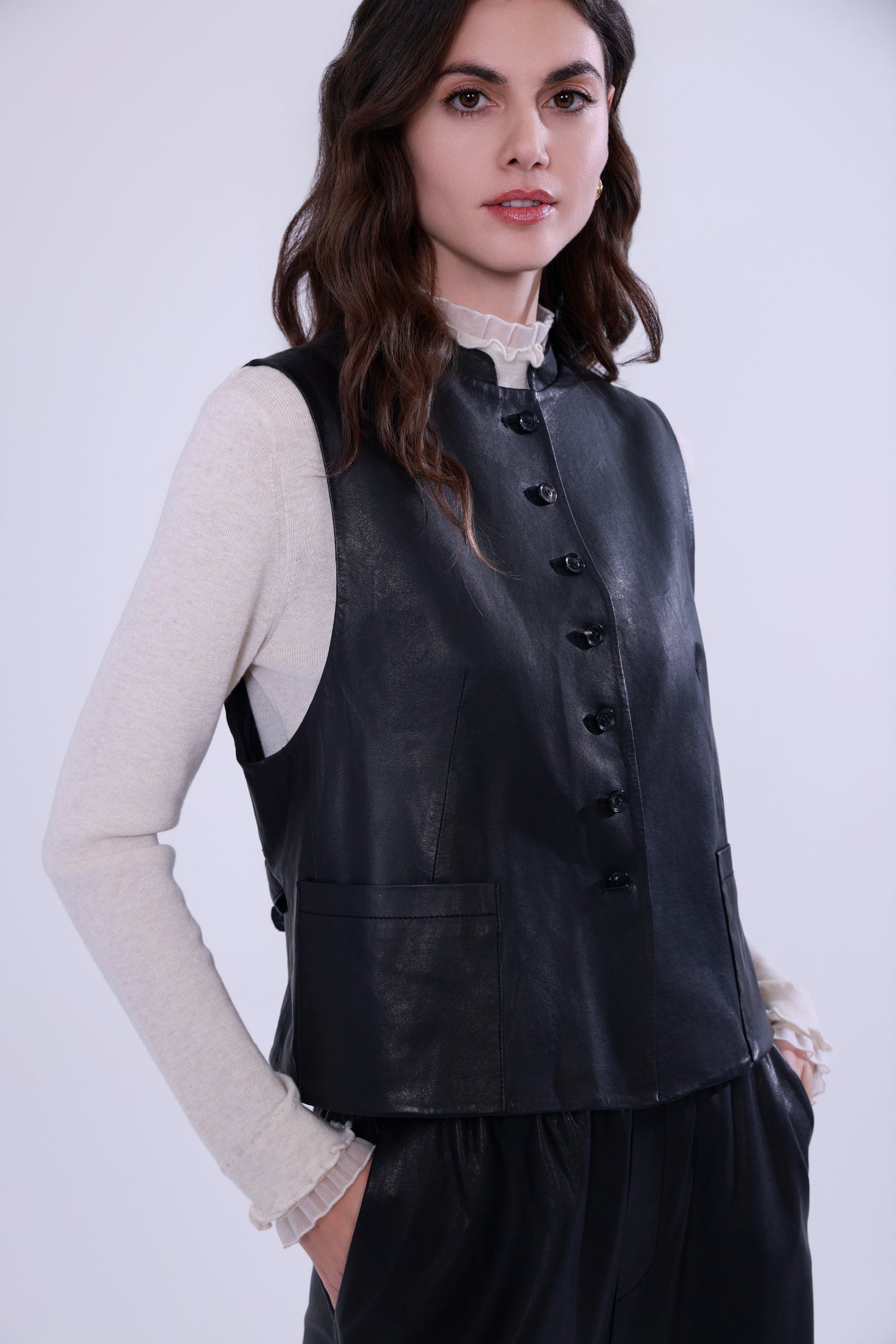 Sheepskin mandarin-collar vest