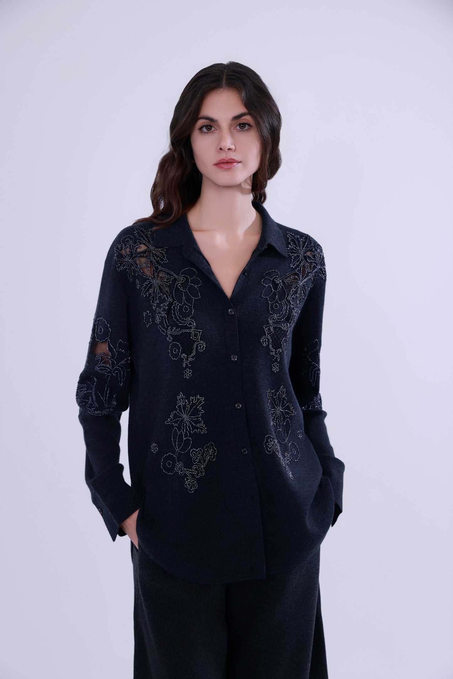 100% wool beaded lace cutwork shirt sweater