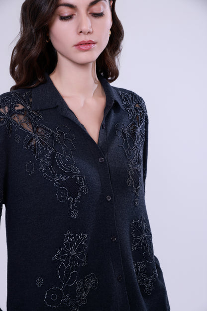 100% wool beaded lace cutwork shirt sweater