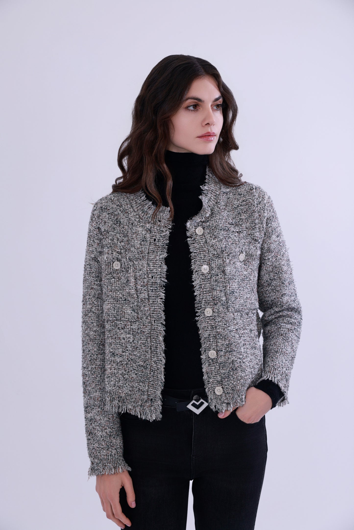  Tweed-inspired fringed yarn knit jacket