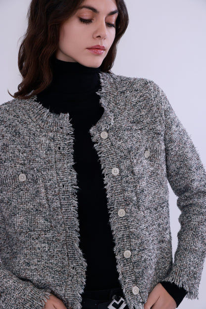  Tweed-inspired fringed yarn knit jacket
