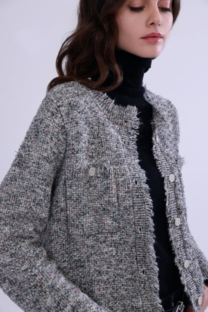  Tweed-inspired fringed yarn knit jacket