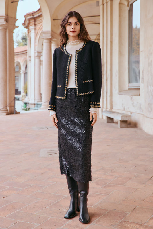 Giacca in lana con bordo di perline dorate