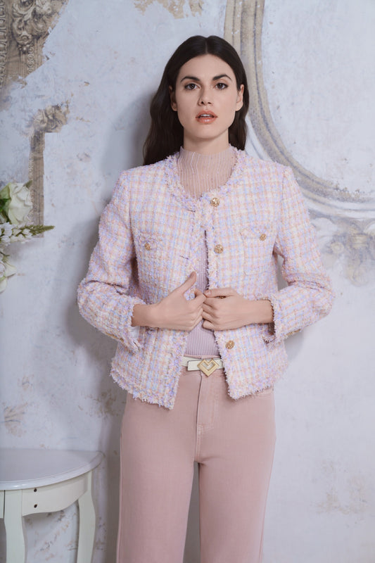 Pink tweed jacket with embossed texture