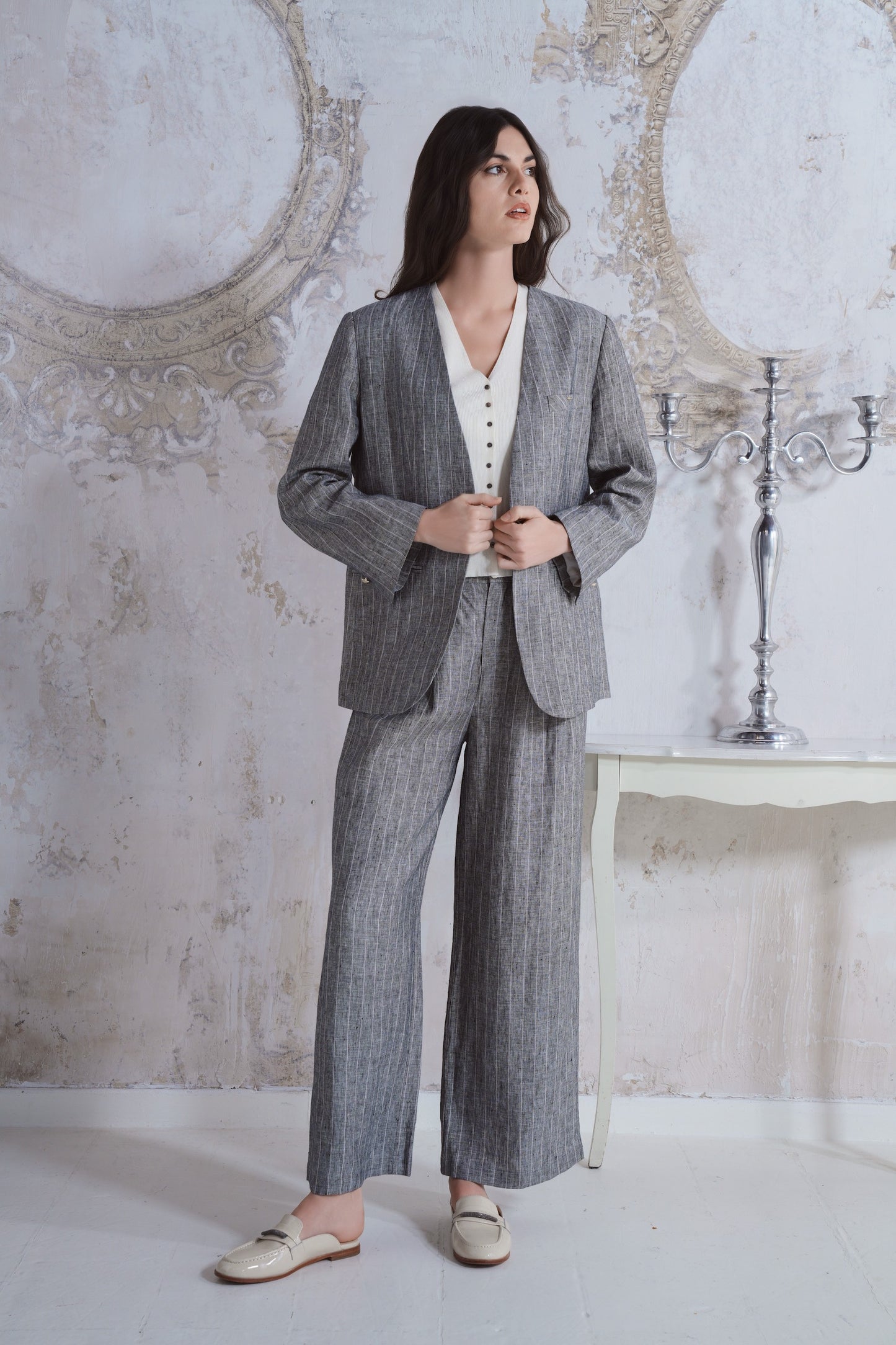 Pantalone in lino rigato