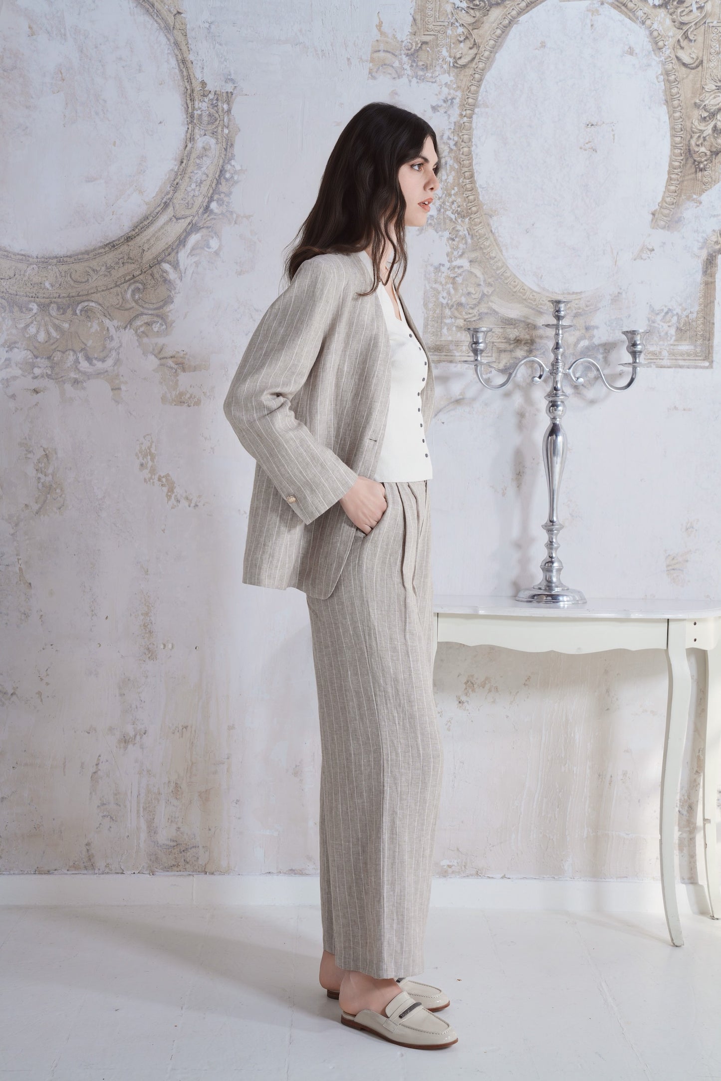 Pantalone in lino rigato